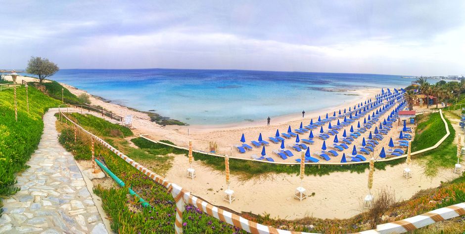 wide sandy beach with rows of loungers