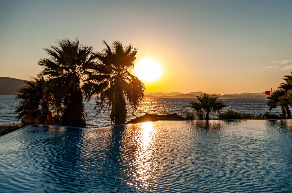 sunset over Mediterranean beach resort
