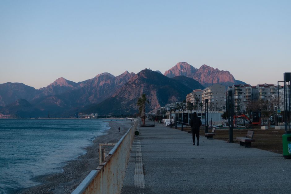 mahmutlar beach promenade at sunset