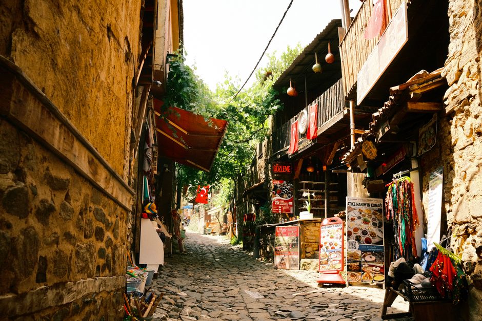 narrow street in Side old town with shops