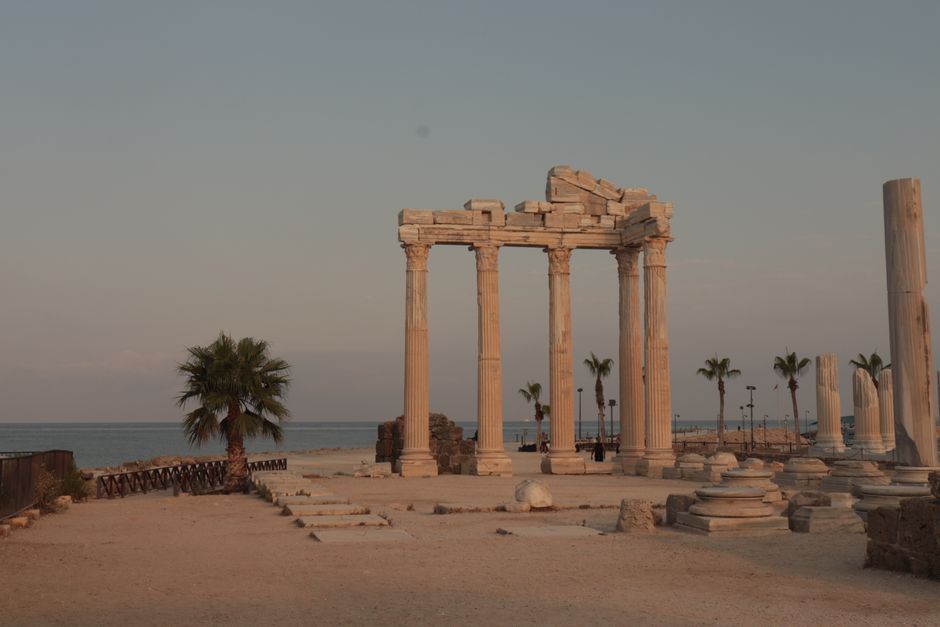 ancient stone columns of a Roman temple by the sea