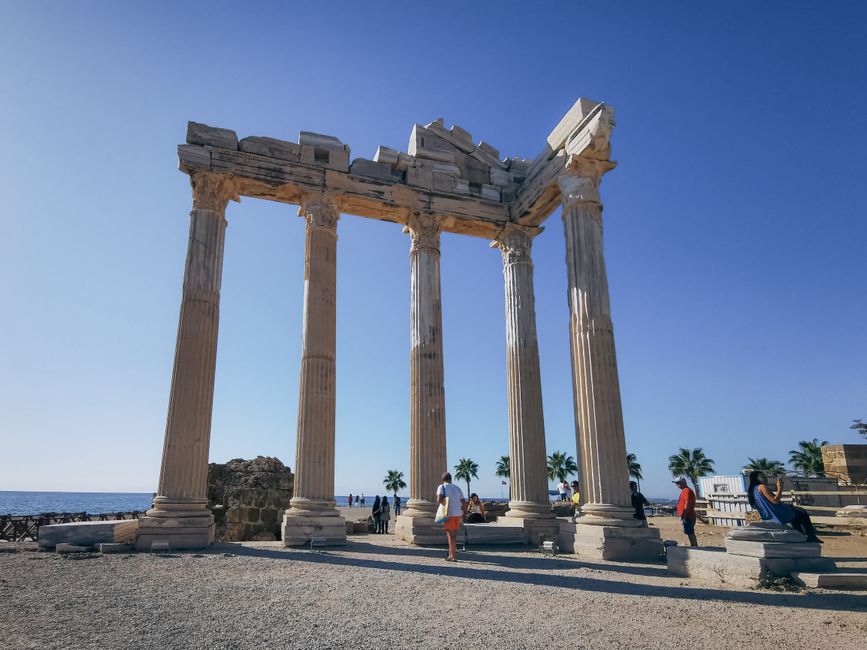 ancient columns overlooking sandy beach in Side