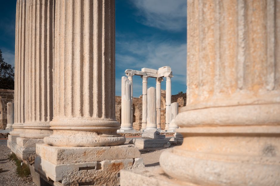 ancient columns of Side ruins in soft sunlight
